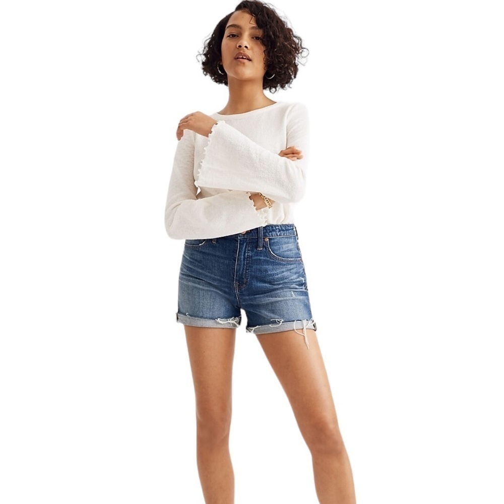 MADEWELL Curvy High-Rise Denim Blue Shorts in Glenoaks Wash, Large 31 fray hem